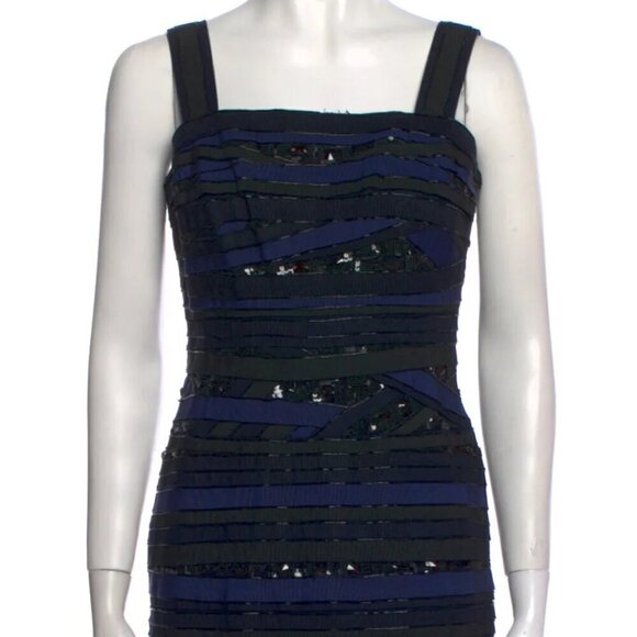 Carolina Herrera Grosgrain Beaded Sequin Navy/Black Cocktail Midi Dress Fall 12' - Picture 7 of 10